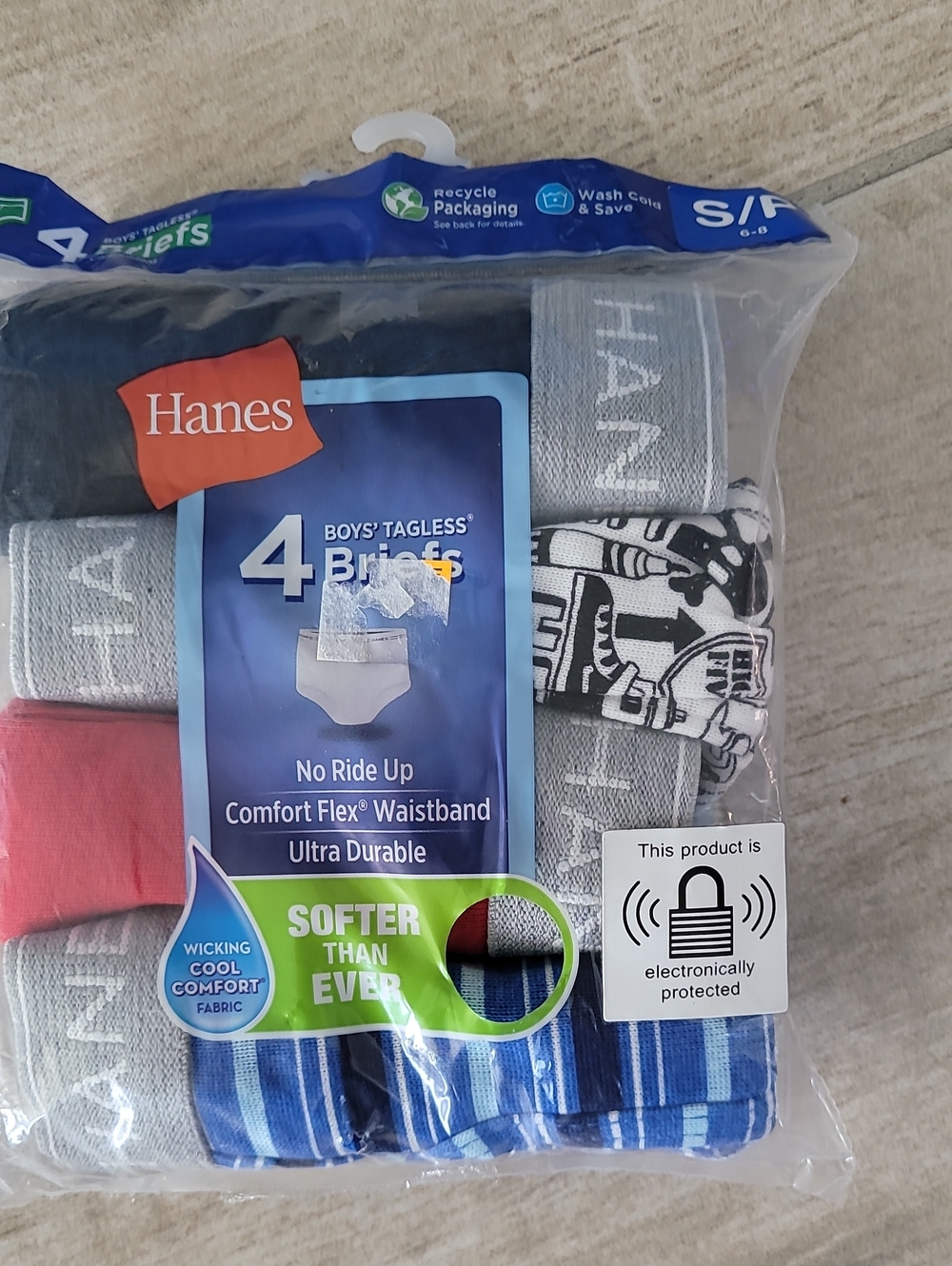 Hanes Boys 4-Pack Briefs in Blue, Gray, Red, Black/White Print